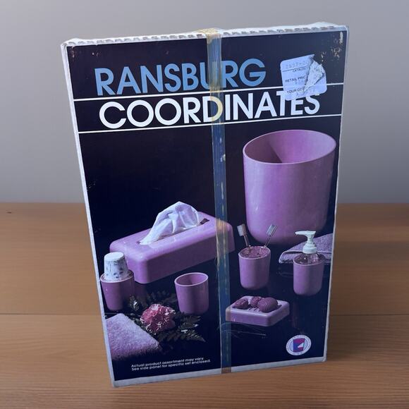 Vintage Ransburg 7pc Bathroom Set Waste Can Tissue Box Soap Holder Cups Mod - Picture 1 of 5
